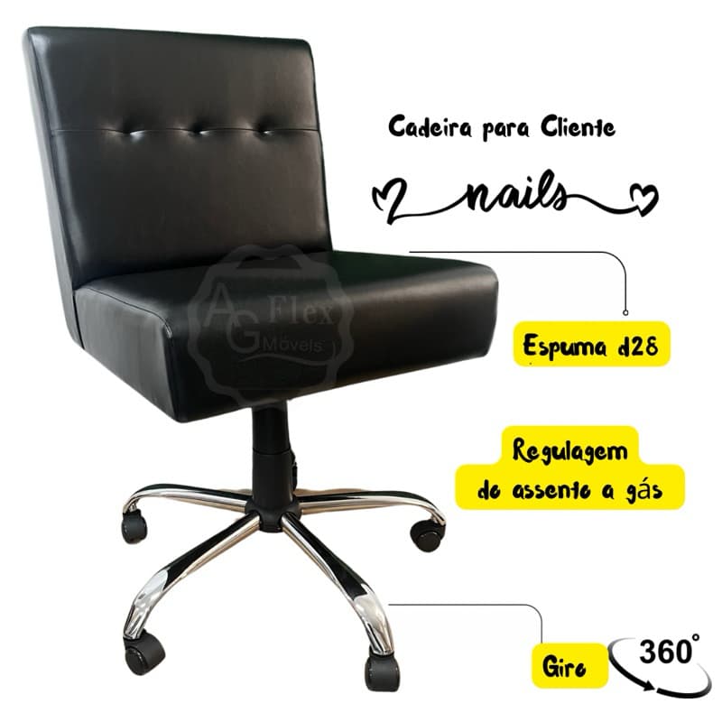 CADEIRA Giratória PRETO  CADEIRA CLIENTE NAIL DESIGNER SEM BRAÇOS BASE CROMADA
