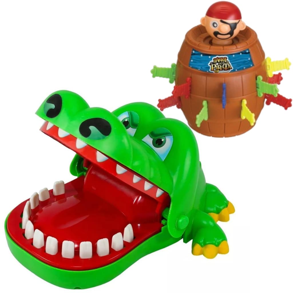 Kit Brinquedo Jogo Jacaré Crocodilo Morde Dedo e Pula Pirata Barril