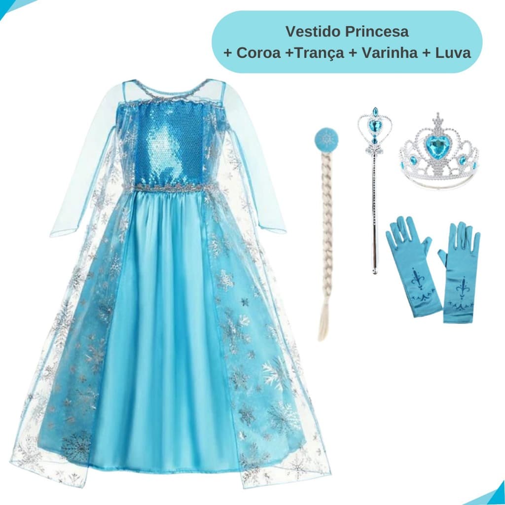 Vestido Infantil Princesa Elza Fantasia + Acessorios Coroa Trança Varinha Luva