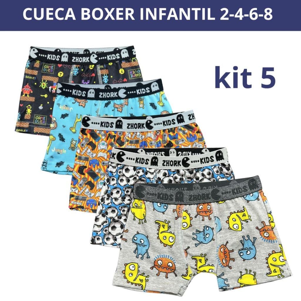 Kit 5 Cuecas Box Microfibra Forro 100% algodão 4 ao 8 Boxer Infantil Estampas Sortidas