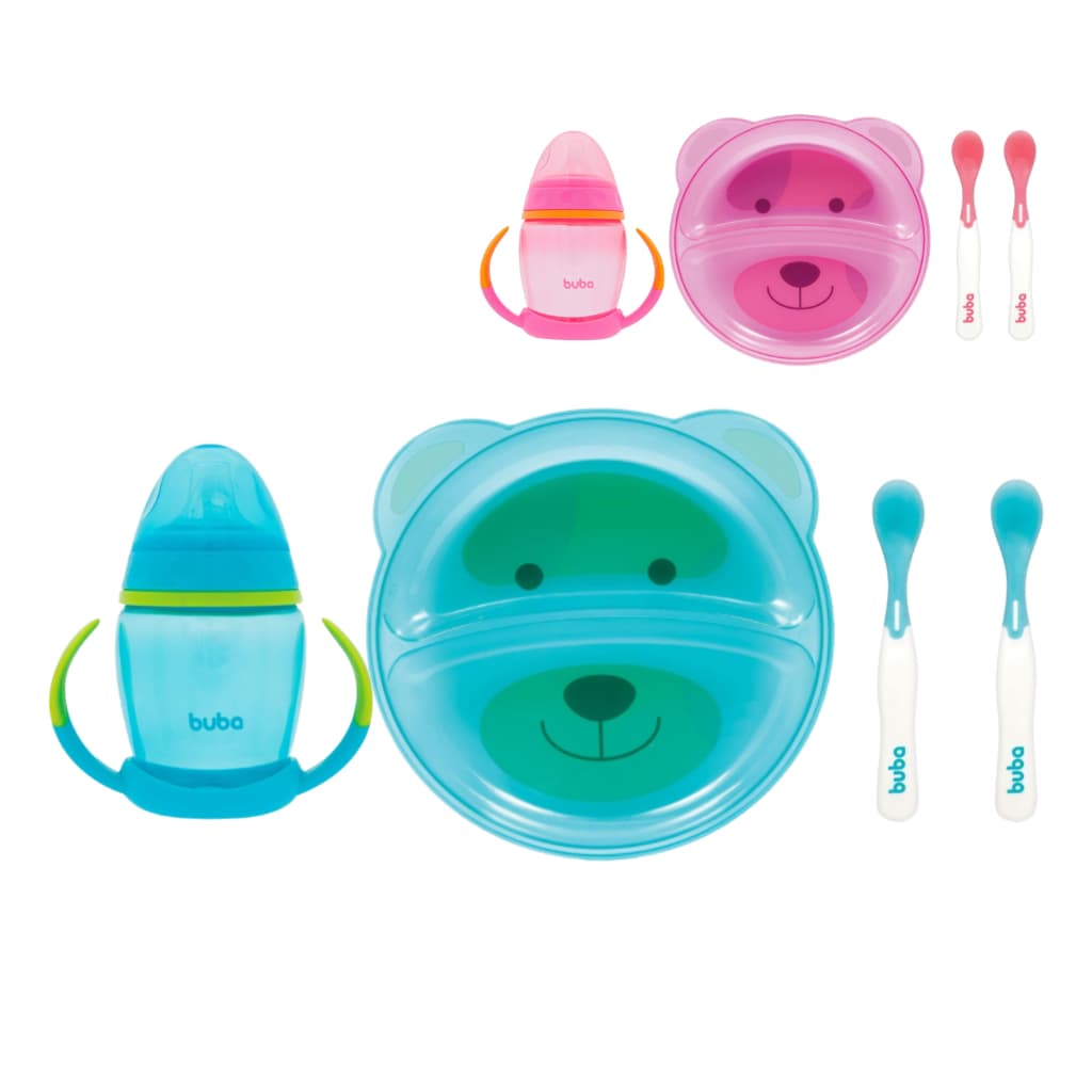Kit Introdução Alimentação Buba Pratinho de Bebê Divisória Colher Buba Copinho de Treinamento com Alça Bico de Silicone
