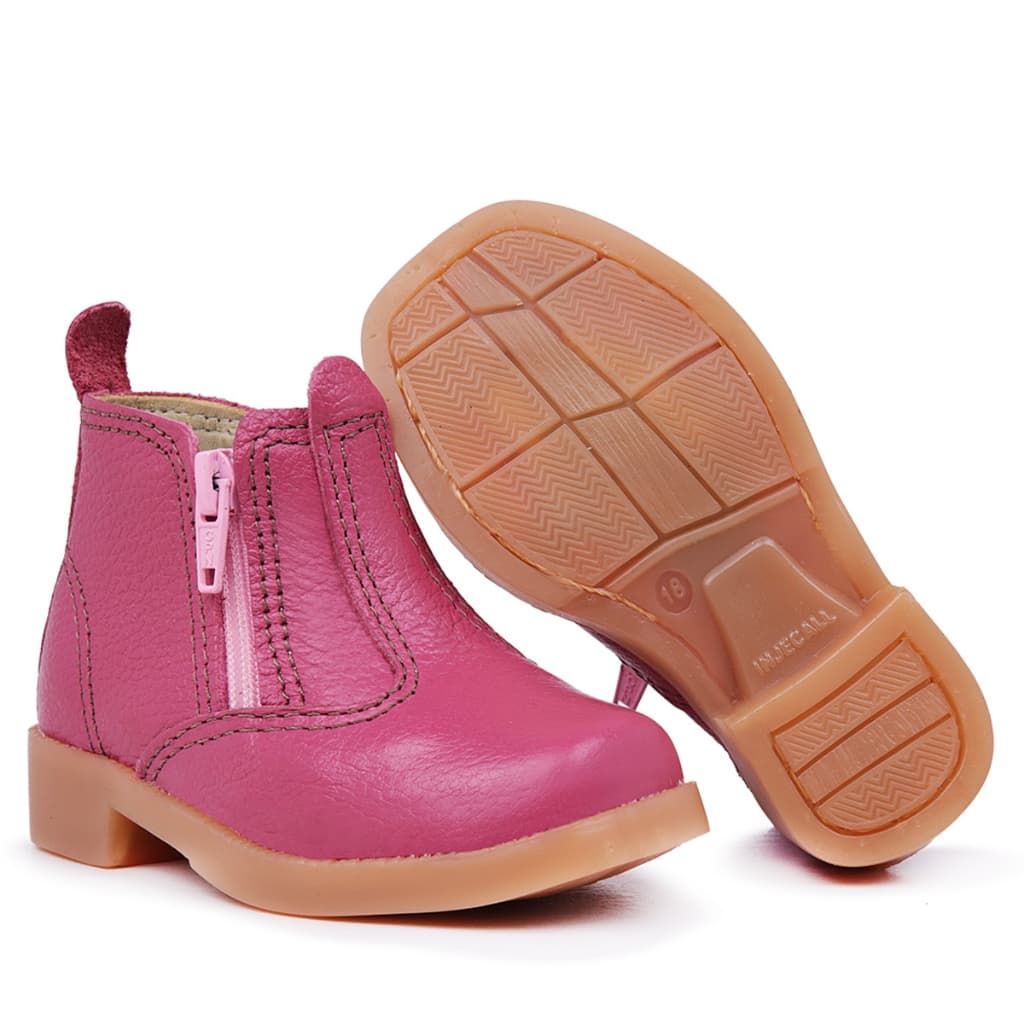 Bota Infantil Rosa Boiadeira em Couro Legitimo Resistente com Costura e Ziper Lateral