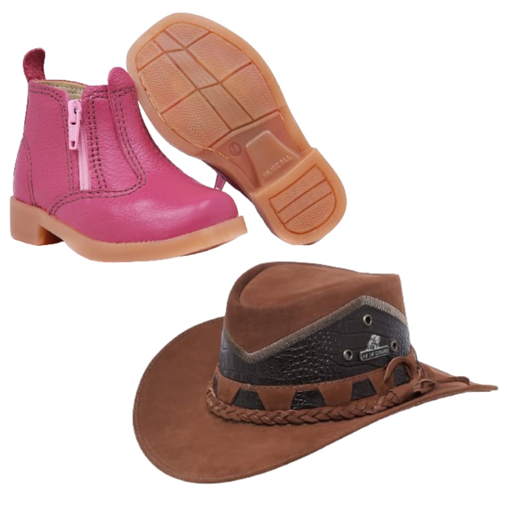 Kit Bota Infantil Feminina Rosa Boiadeira + Chapeu em Couro