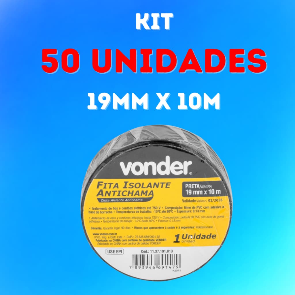 50 Fitas Isolante Anti Chama Vonder Preta - 10 Metros cada Fita Vonder Original + Nota Fiscal