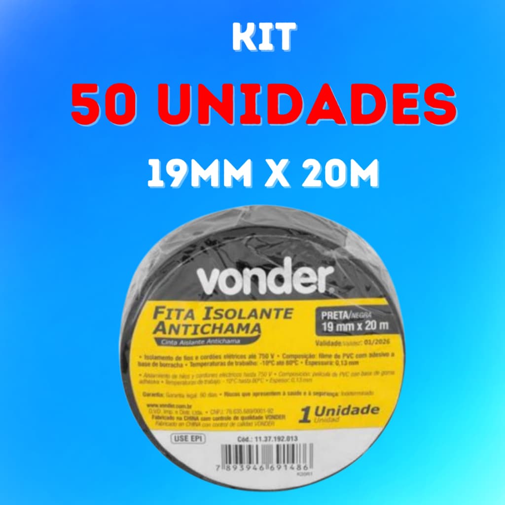 50 Fitas Isolante Anti Chama Vonder Preta - 20 Metros cada Fita Vonder Original + Nota Fiscal