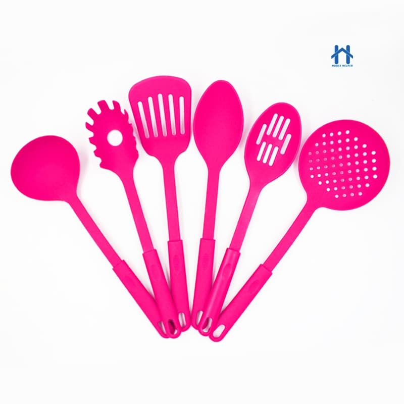 Conjunto 6 Utensilios com Gancho de Cozinha de Nylon Colher Concha Escumadeira Espátula Pegadores