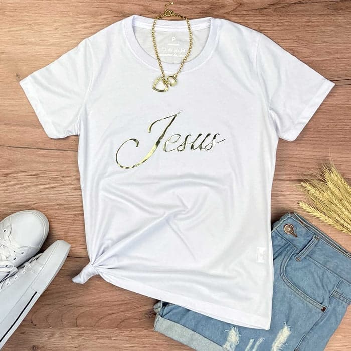 Camiseta Jesus Dourado Moda Evangélica T-shirt Baby Look Feminina Algodão Gospel Estilo e Fé