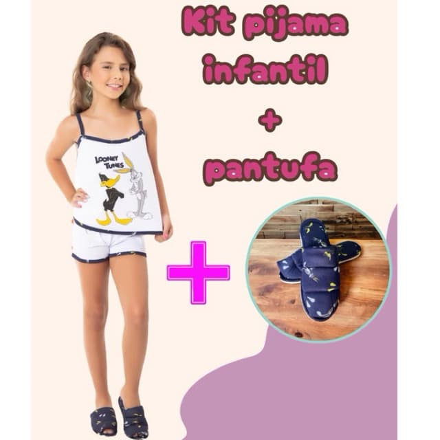 Kit Pijama Short Doll Infantil + Pantufa Infantil Blogueirinha Atacado Estampa Personagens