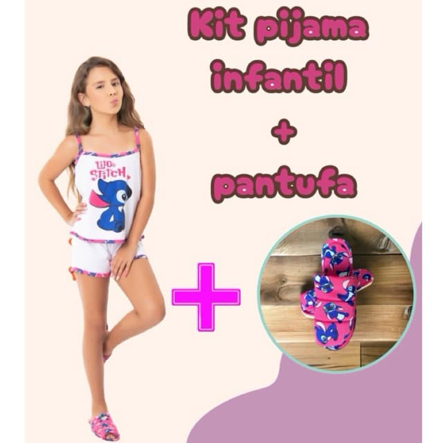Kit Pijama Short Doll Infantil + Pantufa Infantil Blogueirinha Atacado Estampa Personagens