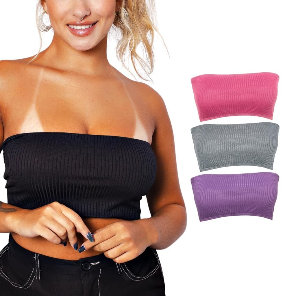 Kit 3 Top Faixa Canelado Cropped Feminino Tomara que Caia Confortável Também Em Tamanho Plus size
