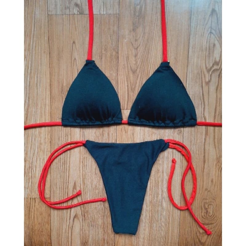 Conjunto de biquini cortininha com bojo - Biquíni fio dental de amarrar duas cores feminino