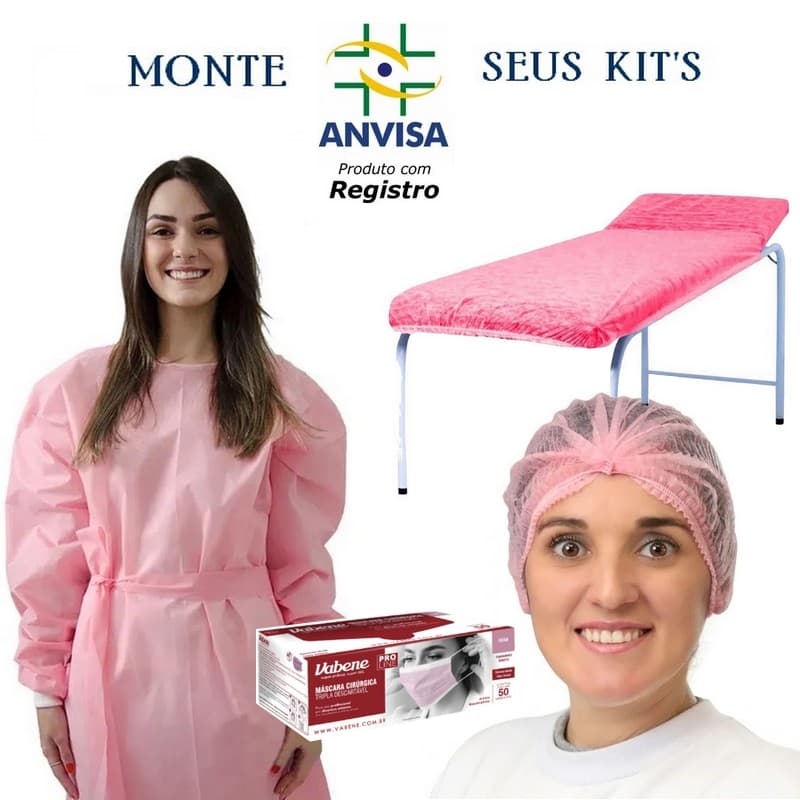 MONTE seu KIT Lençol, Mascara, Avental, Touca Rosa Nitrílica S/ Pó Supermax + Grátis PFF2 com ANVISA