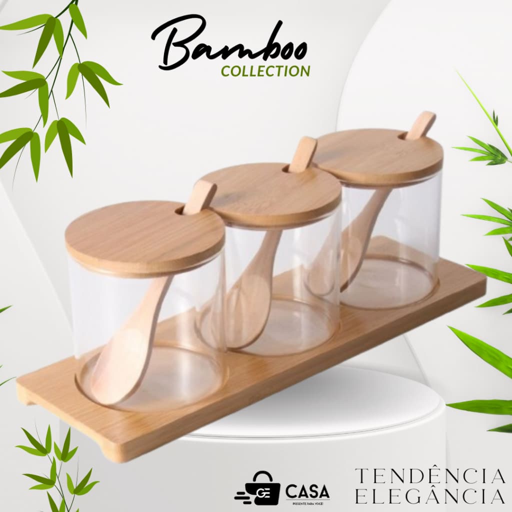 Jogo 3 Potes Em Vidro Tampa Bambu Com Colher e Suporte Bambu Tempero Saleiro Farinheira Açucareiro