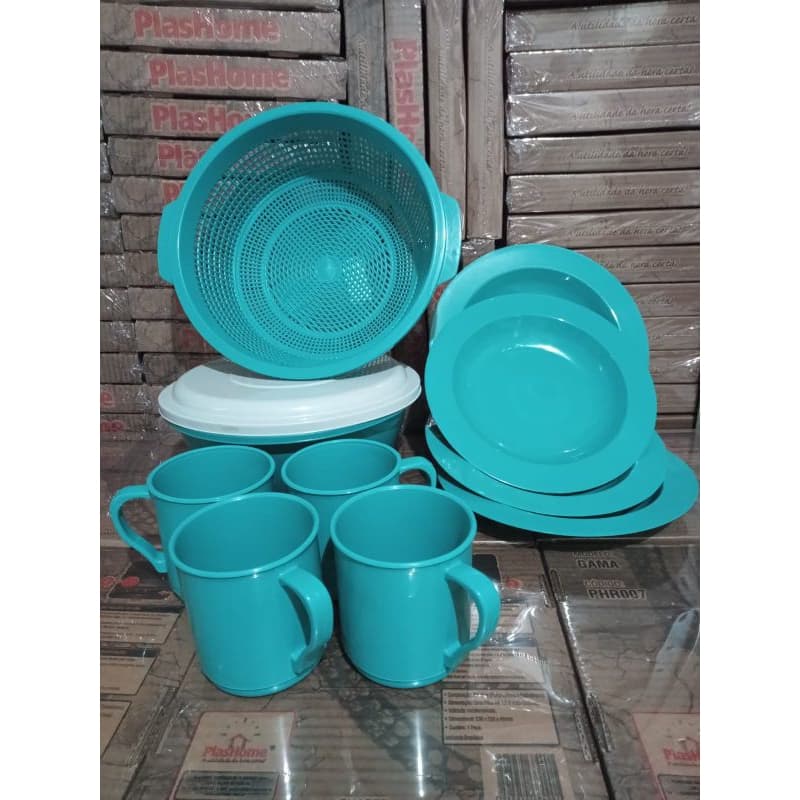 Cojunto 10 Peças De Plástico,canecas,lava Tudo ,pratos ,caixa Redonda Tapuer, Pote Cozinha