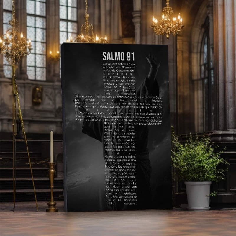 Quadro Decorativo 1 Tela: Salmo 91 - Versículo em Formato de Cruz - Fortalecimento e Fé 70x50cm