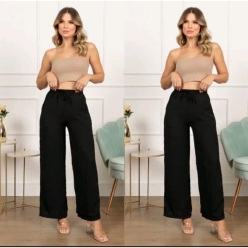 Calça pantalona femenina com elastico na cintura com bolso tecido duna