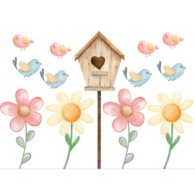 Adesivos De Parede Jardim Flores Pássaros Casinha de Passarinho Decoração Quarto Infantil