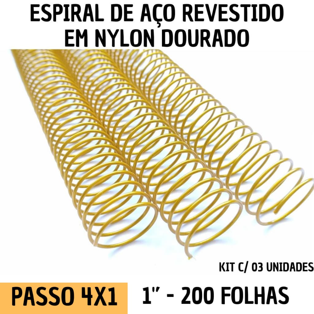 KIT C/03 - Espiral de Aço p/ Encadernação Revestido em Nylon 1/1'' (200 fls) Passo 4X1 - DOURADO