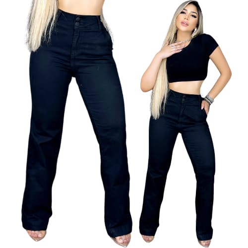 Calça Jeans Feminina Pantalona Preta Wide Leg até o Plus Size Com Elastano Lycra Cintura Alta