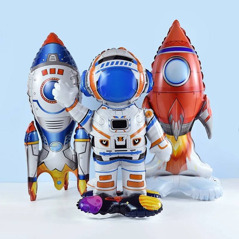 Kit c/ 9 Balão Metalizado Astronauta Foguete Com Base Festa Espacial 69cm