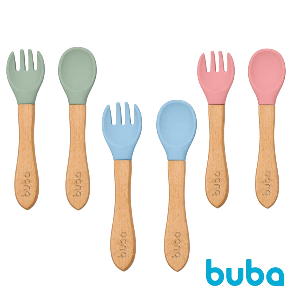 Kit Talher garfo e colher para alimentação em Silicone e Bambu - Introdução alimentar bebê - Buba