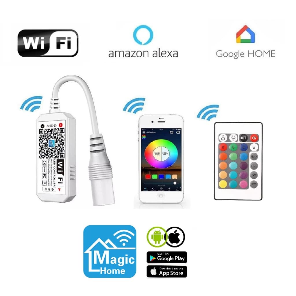 Controlador WiFi APP Para Fita LED RGB Multicores + Controle Remoto IR + APP Magic Home Alexa Google Home Smart