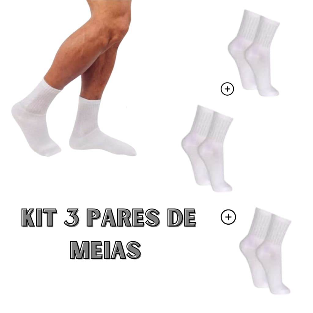 Kit 3 Pares de Meias Masculina Sport Casual Branca Básica