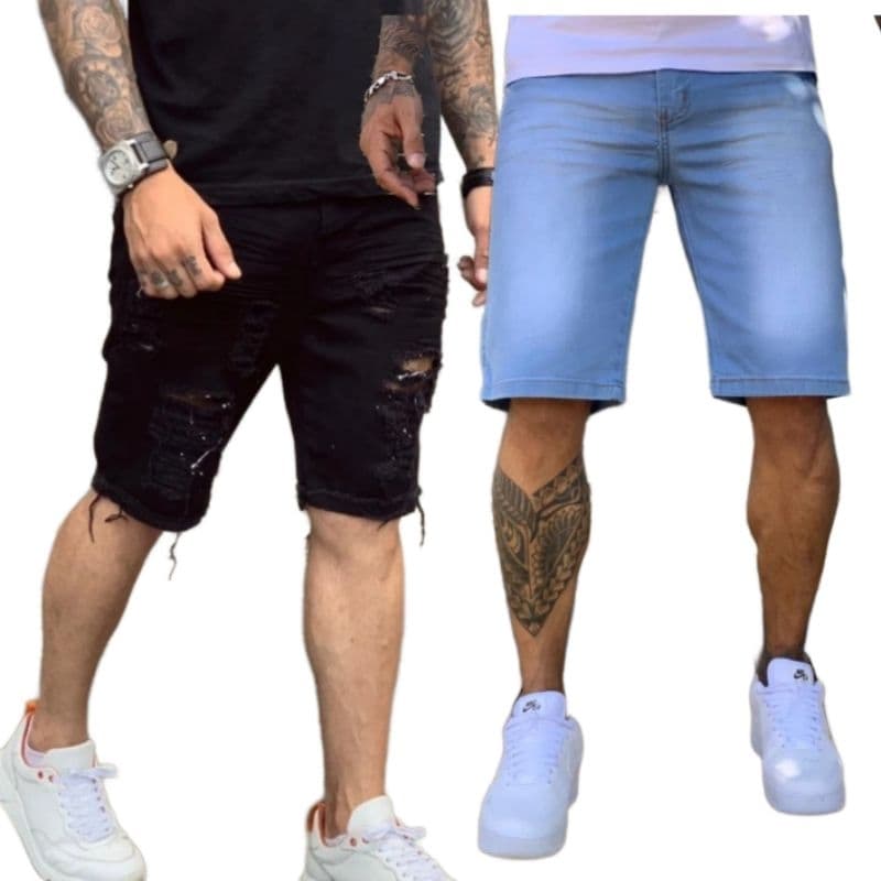 Kit 2 Bermuda jeans rasgada + Bermuda lisa Masculina C/ Lycra Slim Premium Promoção com lycra