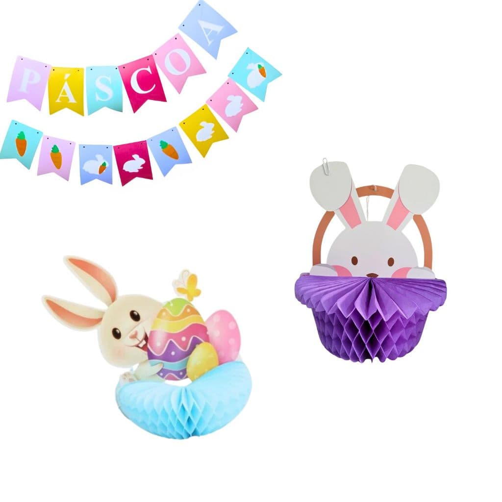 KIT DECORAÇÃO PÁSCOA COM 1 VARAL E 2 COELHINHOS PENDURAR LINDO
