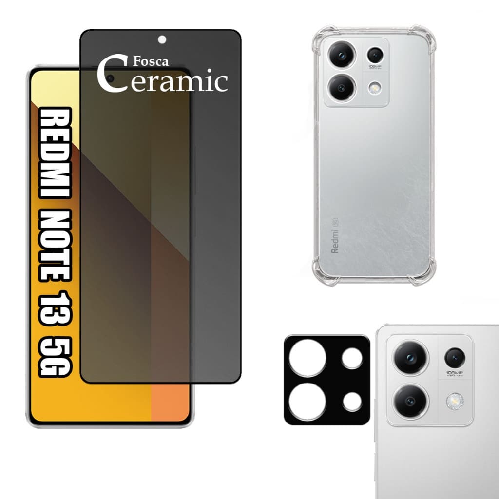 KIT Para Xiaomi Redmi Note 13 5g | Película Privacidade Fosca 9D - Capa Anti Impacto - Película da Câmera 3D