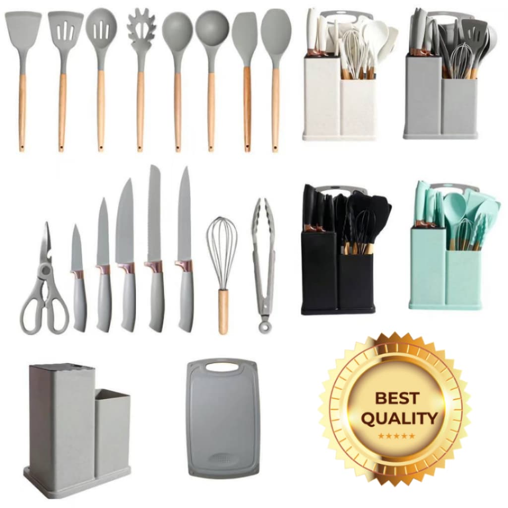 Kit Completo Jogo Utensílios de Cozinha Luxo 19 Peças Com Tábua em Silicone Espátula Faca Tesoura