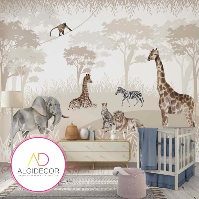 Papel de parede girafa leão elefante macaquinho zebra bege CHAT Algidecor