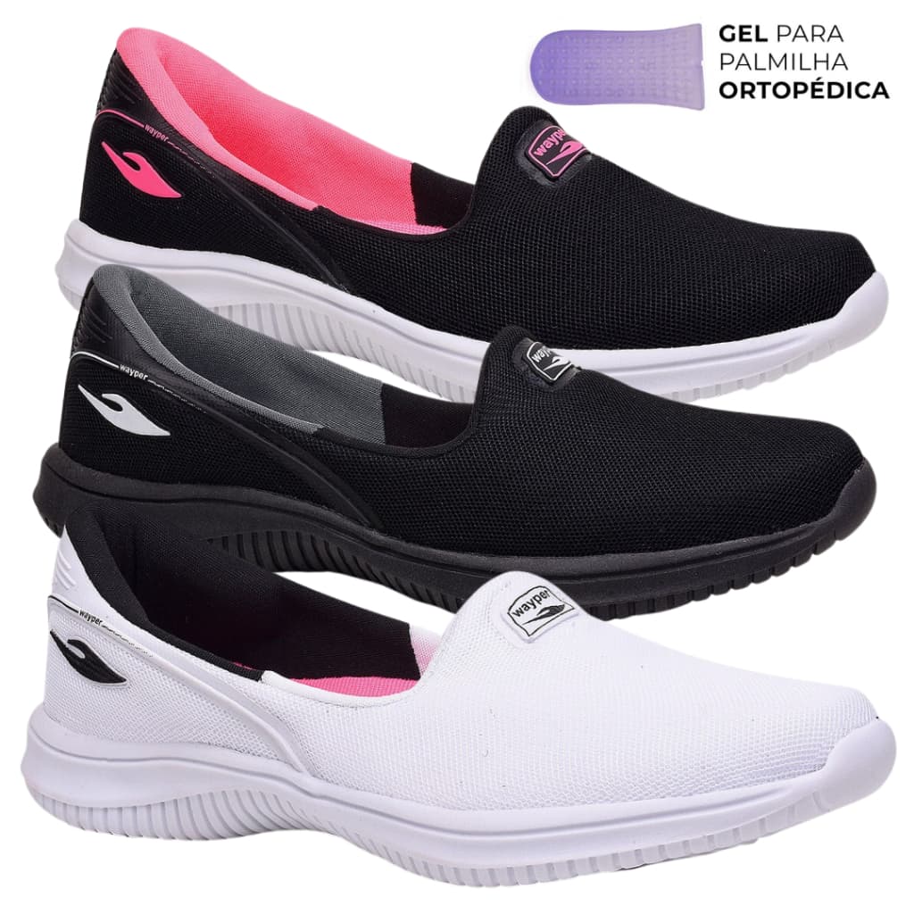 Kit 3 Sapatilha Feminina Ortopédica Tênis Calce Fácil Palmilha Gel