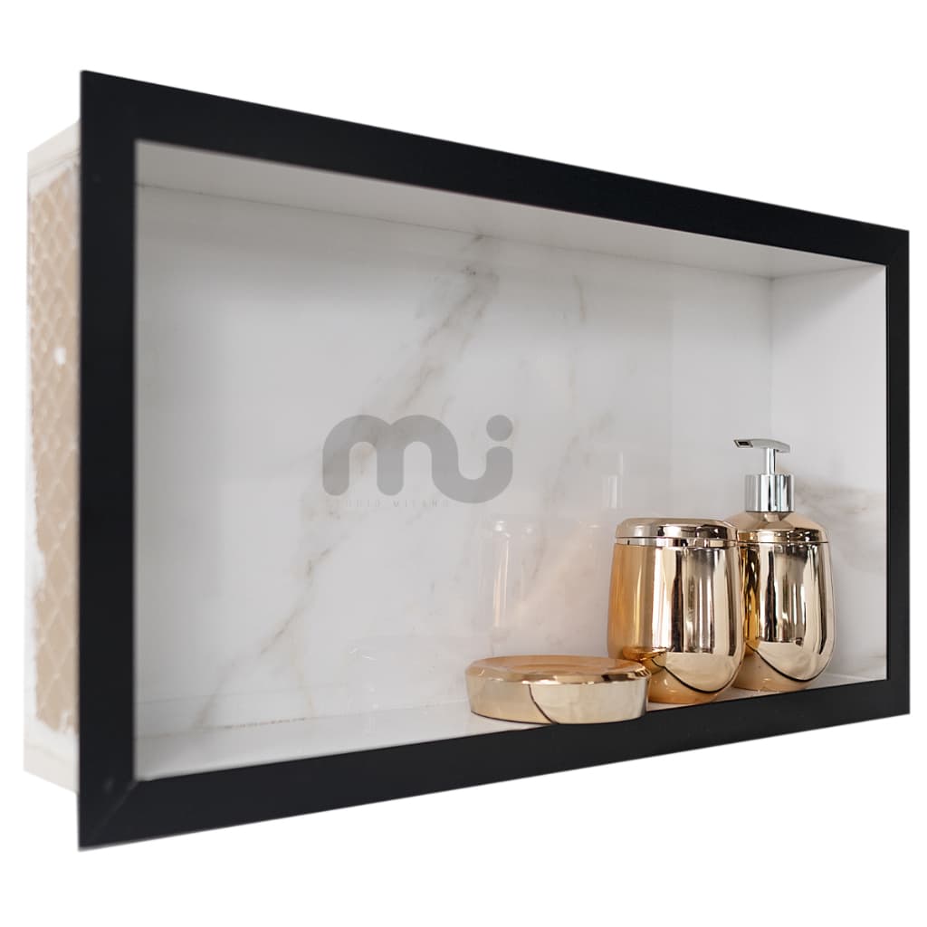 Acessório Para Banheiro Nicho De Porcelanato Carrara Com Bordas Em Alumínio Preto O Único Que Não Empoça Água 60x30x7