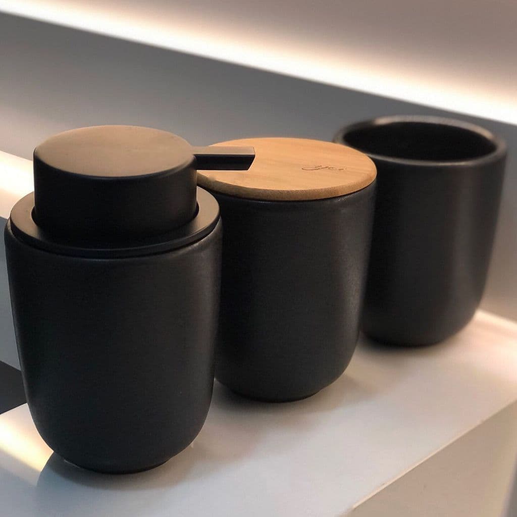 Kit para banheiro lavabo preto em cerâmica, tampa em bambu, dispenser sabonete líquido, porta escova