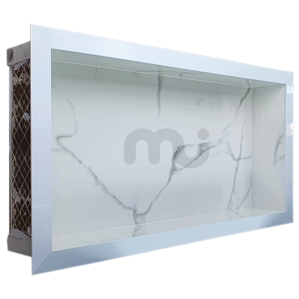 Nicho De Porcelanato Calacata Com Bordas Em Alumínio Para Box O Único Que Não Empoça Água No Fundo 60x30x7