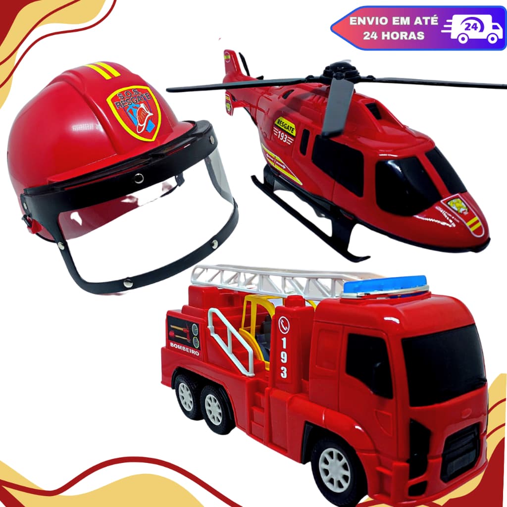Kit Brinquedo menino caminhão De Bombeiro Helicóptero e Capacete Bombeiro C/Viseira.