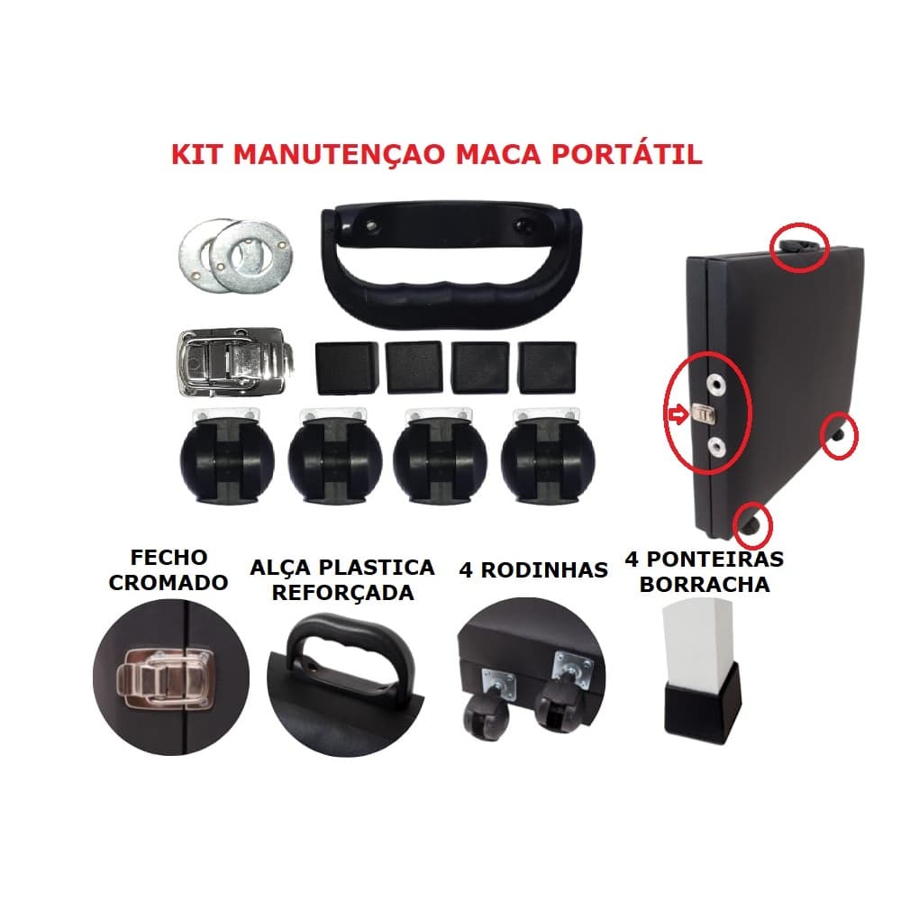 Maca portátil Kit de Manutenção para renovar sua maca, Rodinhas, Alça mala, Fecho, Ponteiras, Flange.