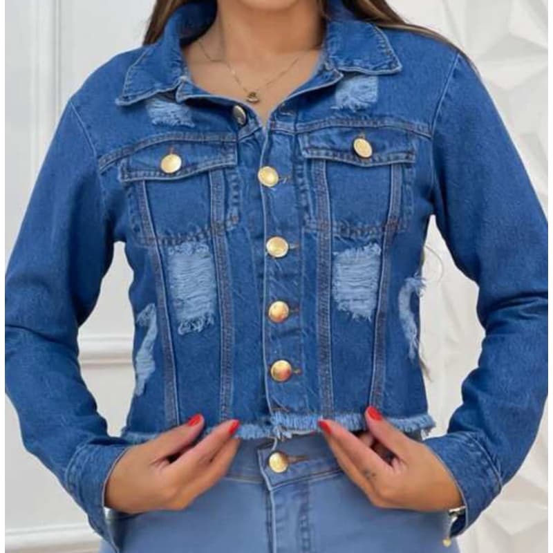 Jaqueta Jeans Feminina Destroyed Azul Escura Linha Premium