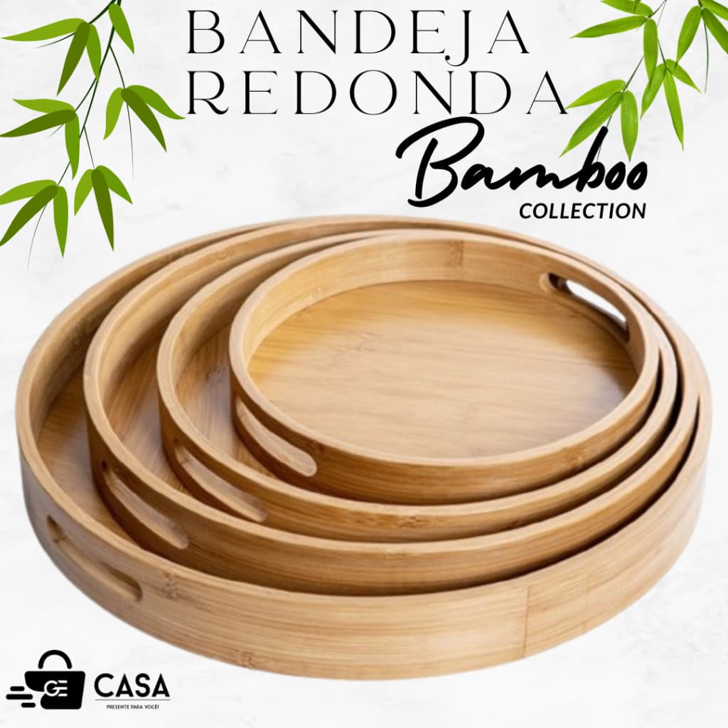 KIT Bandeja Bambu Decorativa Alça Redonda Café Manhã Decoração 4 Tamanhos.