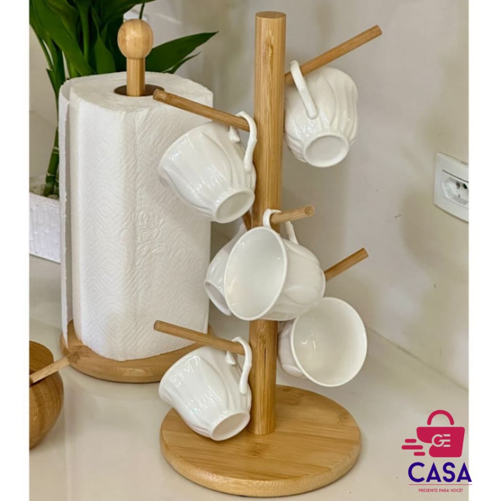 Suporte Organizador Porta Xicaras Canecas com Alça em Bambu Decoração para Cozinha Cantinho do Café