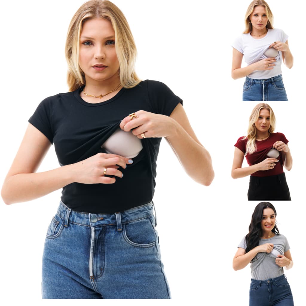 Kit 4 Blusa Camisa Feminina Manga Curta Abertura Amamentação