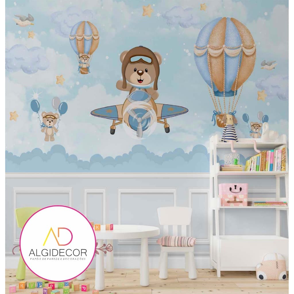 Papel de parede Adesivo urso aviador azul balões Algidecor *SOB MEDIDA* / VALOR DE ACORDO M2 / INFORMAR ALTURA X LARGURA