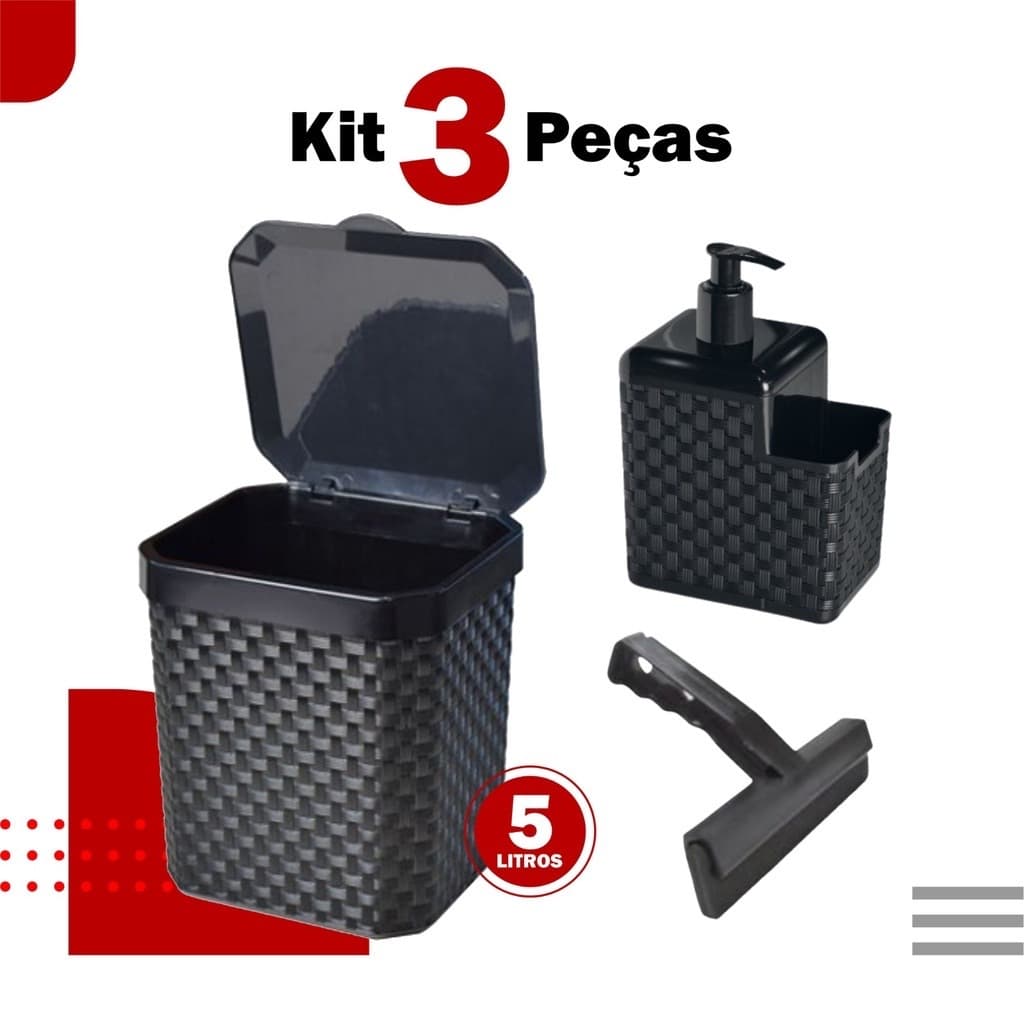 Kit Lixeira Pia 5 Litros Com Porta Detergente Sabão Com Rodinho de Pia Kit Cozinha 3 Peças