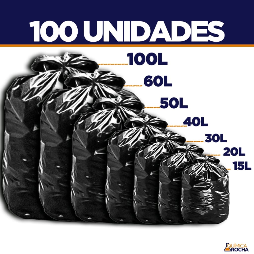 Saco de Lixo 100 unidades Resistentes - Tamanhos 15/20/30/40/50/60/100 Litros