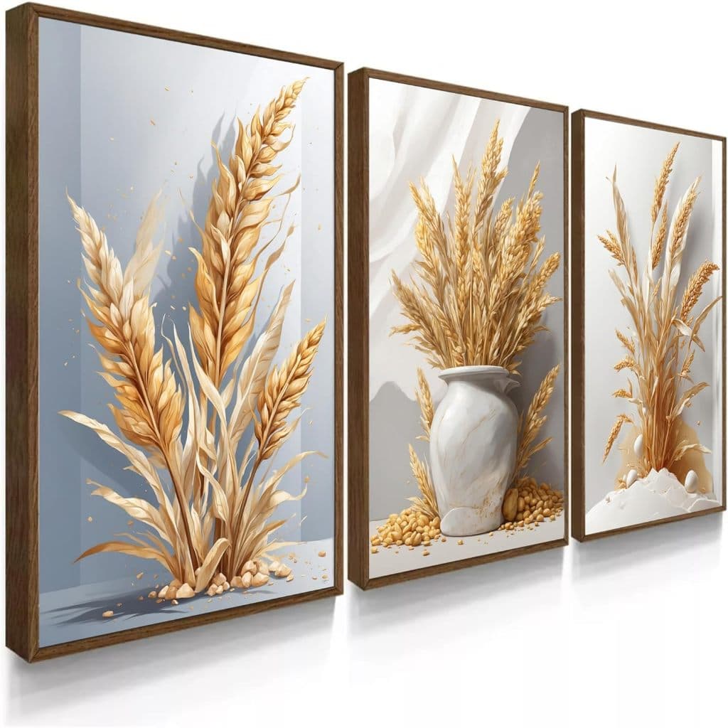Kit 3 Quadro Decorativo Trigo Branco Dourado Prosperidade Fartura Amor