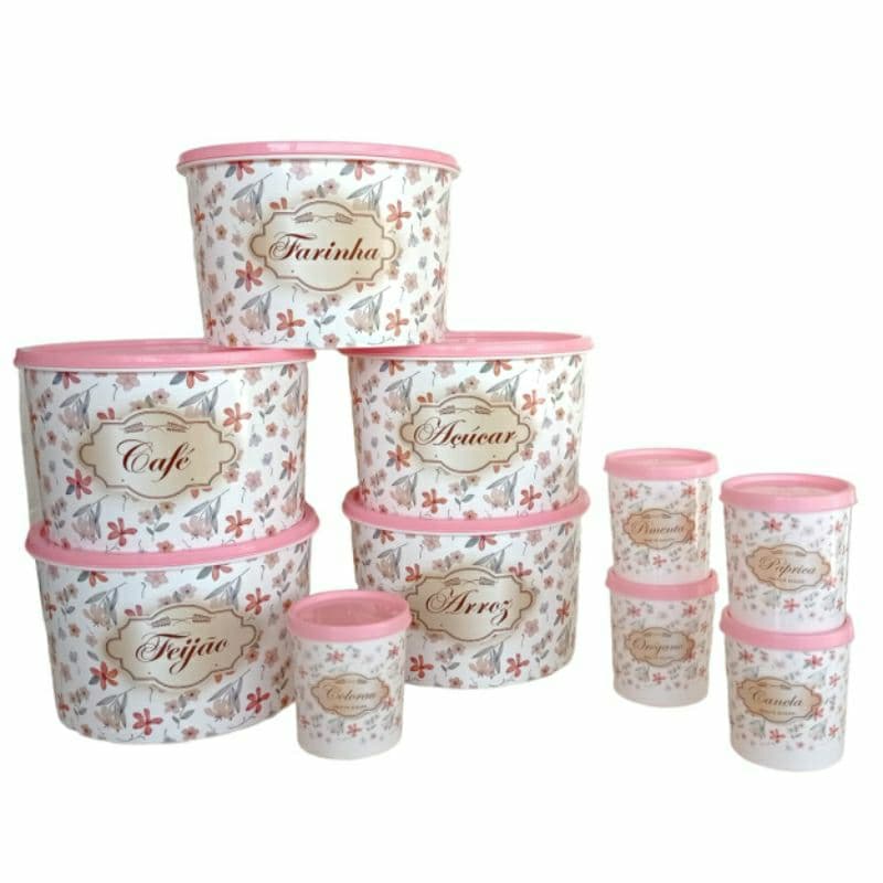 kit 10 Peças Pote Decorado Para Alimentos e Tempero Porta Mantimentos