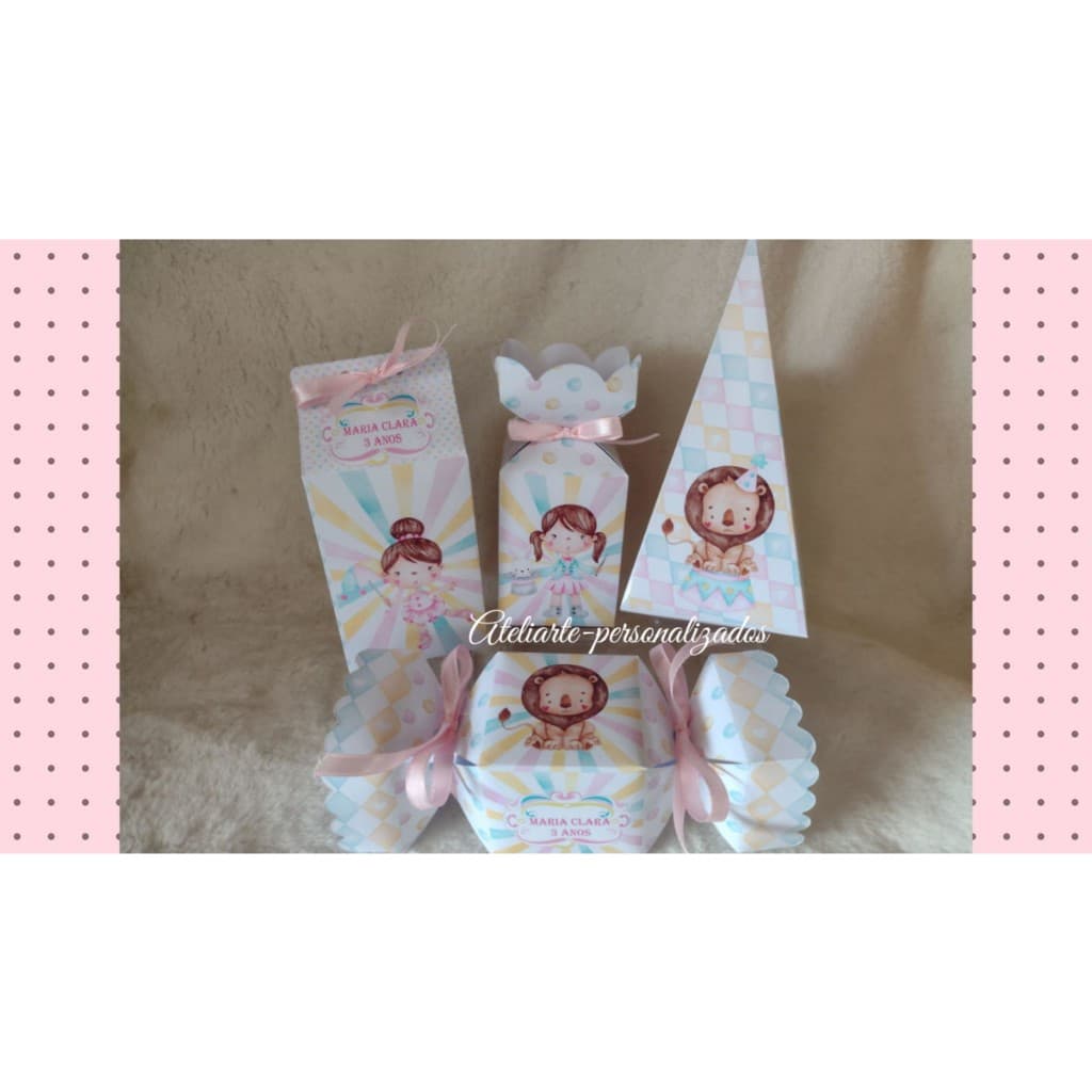 KIT 20 PERSONALIZADOS CAIXAS CIRCO AQUARELA ROSA MENINA MILK CAIXA BALA PIRÂMIDE MEIA BALA