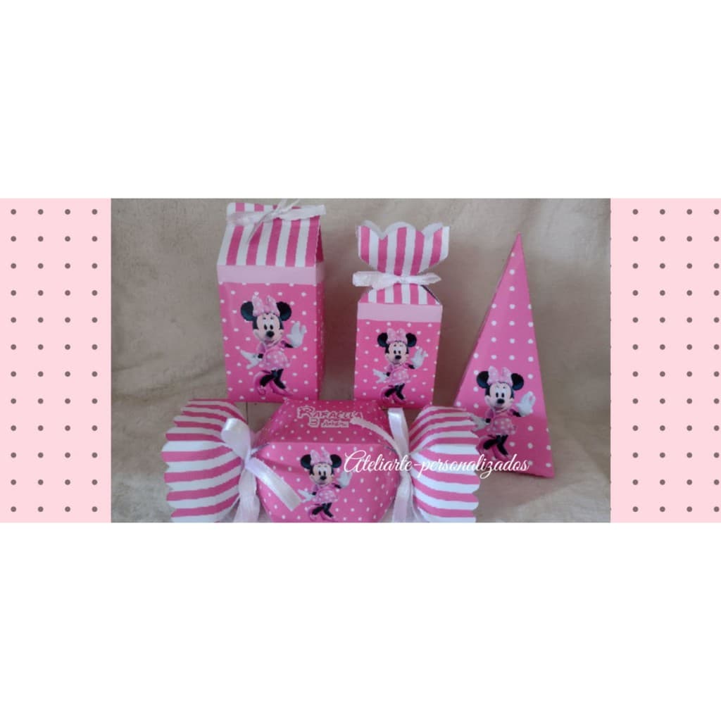 KIT 20 PERSONALIZADOS CAIXA MINNIE ROSA MILK PIRÂMIDE TODOS OS TEMAS