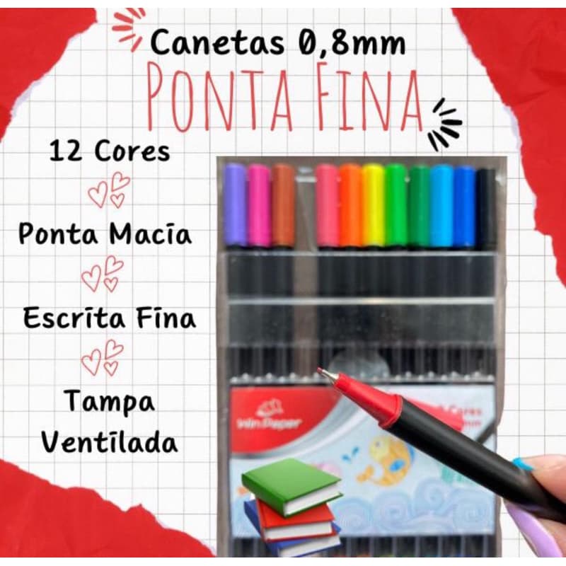 Kit 12 Canetinhas Ponta Fina Caneta 0.8mm Escola Cores Profissional Material Escolar Escritório